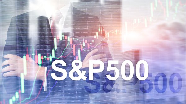 A torso in the background with arms folded stock charts and the text S&P 500 in the foreground.